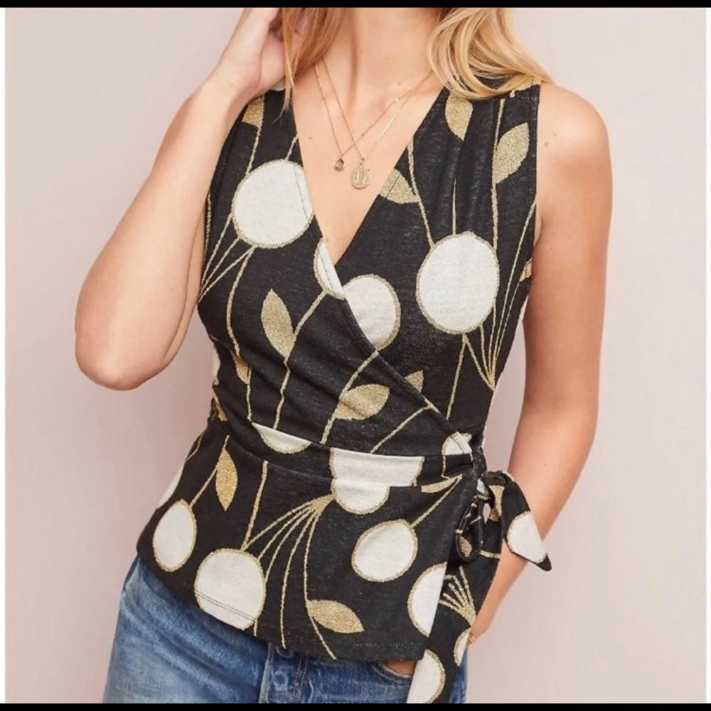 NWT Anthropologie Maeve Craspedia Black Wrap Top-L